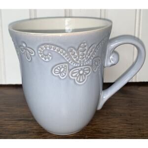Rosches Stoneware Mug Blue With Impressed Heart Floral And Swirl‎ Pattern 4”x 5”